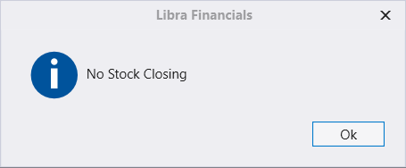 Delete inventory transactions dialog opened from Administration, reading No Stock Closing with an Ok button