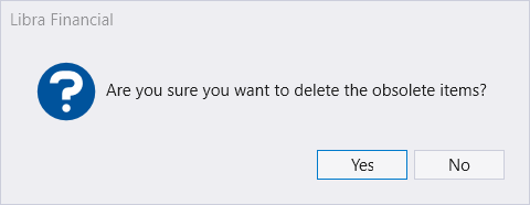 Delete obsolete items confirmation opened from Administration, asking Are you sure you want to delete the obsolete items, with Yes and No buttons