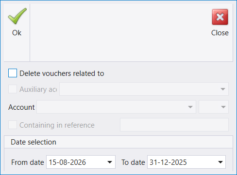 Delete transactions dialog opened from Administration, with an Ok and Close button and a reference and date filter