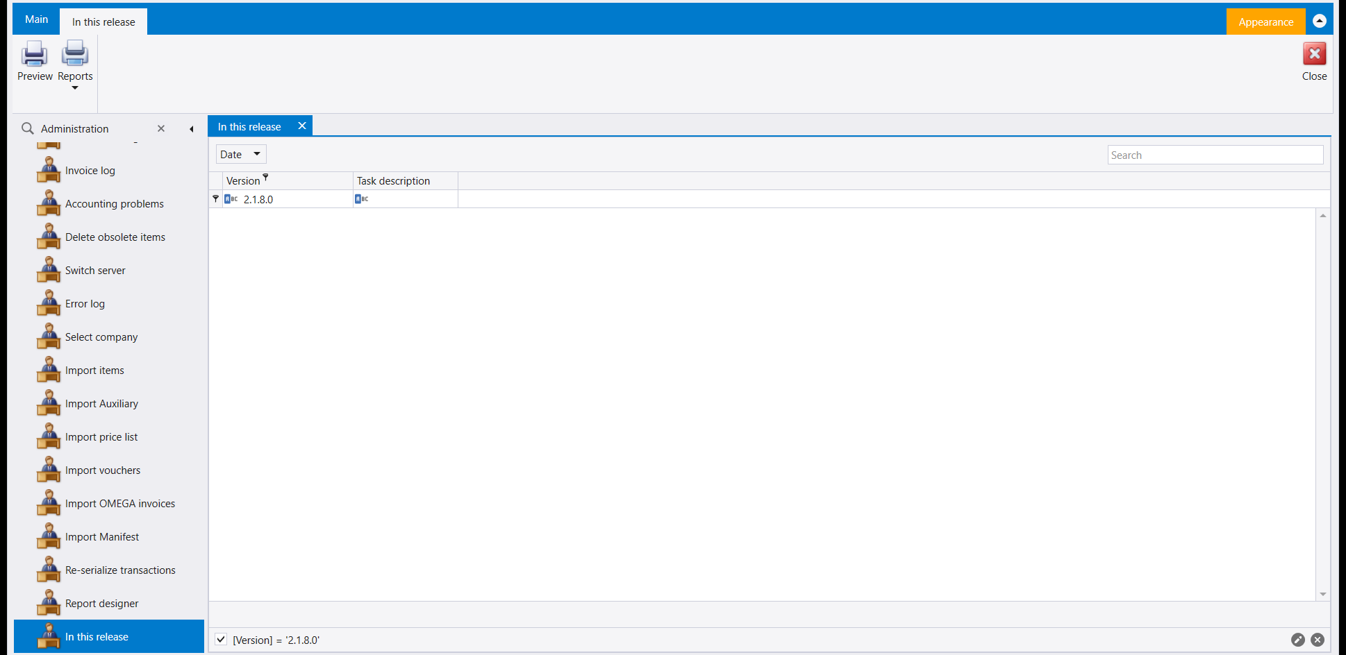 In this release: a Date list, and a grid of Version and Task description filtered to version 2.1.8.0