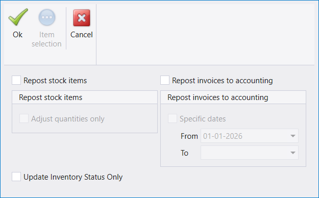 Inventory repost dialog opened from Administration, with stock and accounting repost options and an Ok, Item selection and Cancel row of buttons
