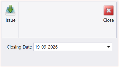 Period Inventory Closing dialog opened from Administration, with Issue and Close buttons and a Closing Date field