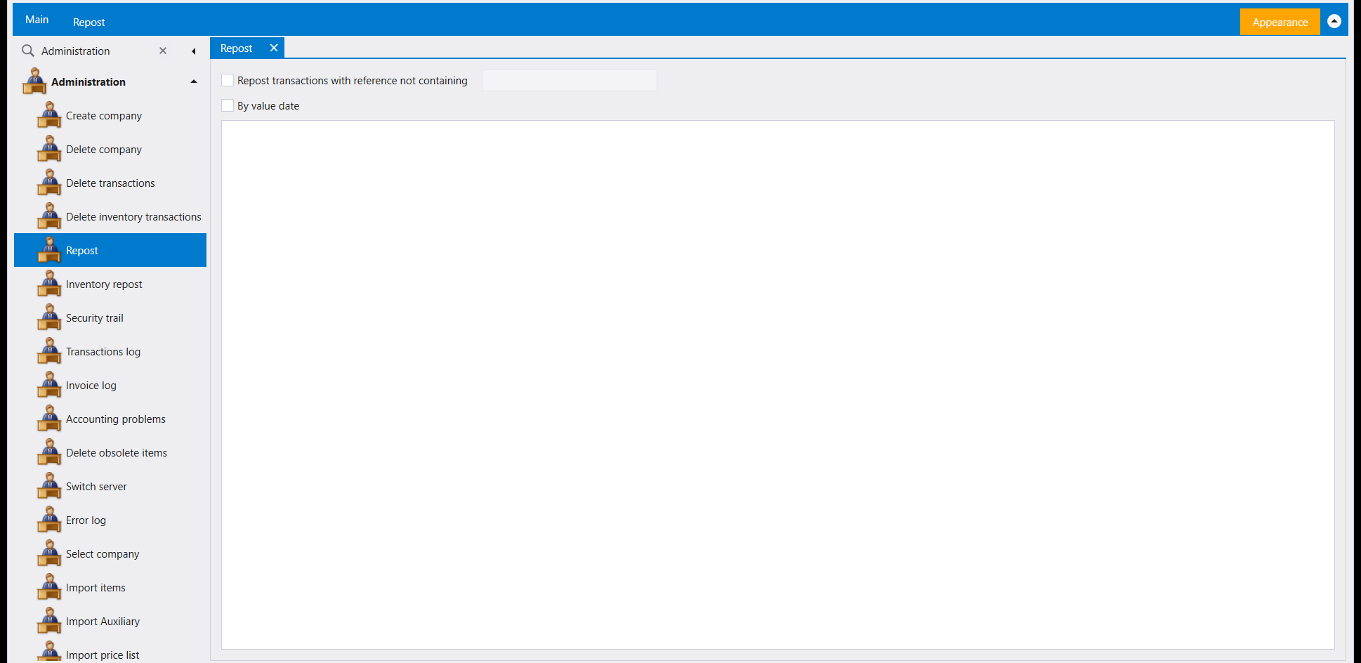 Repost screen opened from Administration, with a reference filter and a By value date checkbox