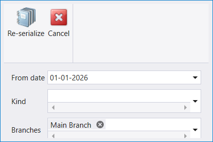 Re-serialize transactions dialog opened from Administration, with Re-serialize and Cancel buttons and a date, kind and branch filter