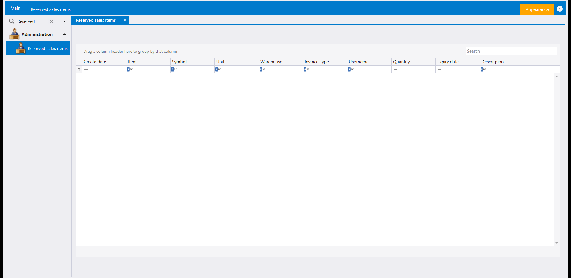Reserved sales items: an empty grid with Create date, Item, Symbol, Unit, Warehouse, Invoice Type, Username, Quantity, Expiry date and Descritpion columns