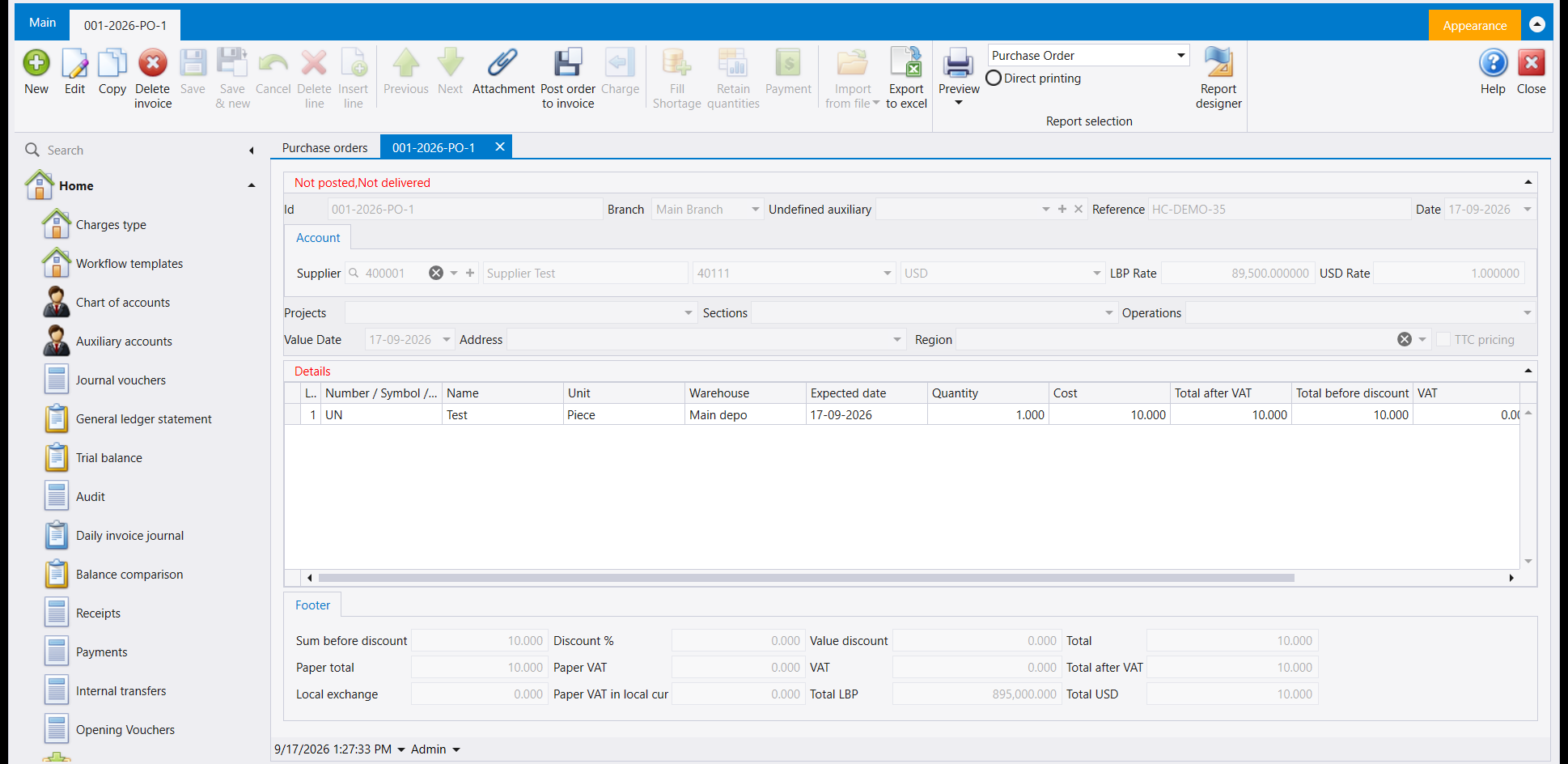 A saved Purchase order with one line: item Test, unit Piece, warehouse Main depo, quantity 1.000, cost 10.000, and matching footer totals; two red words above the header read Not posted and Not delivered
