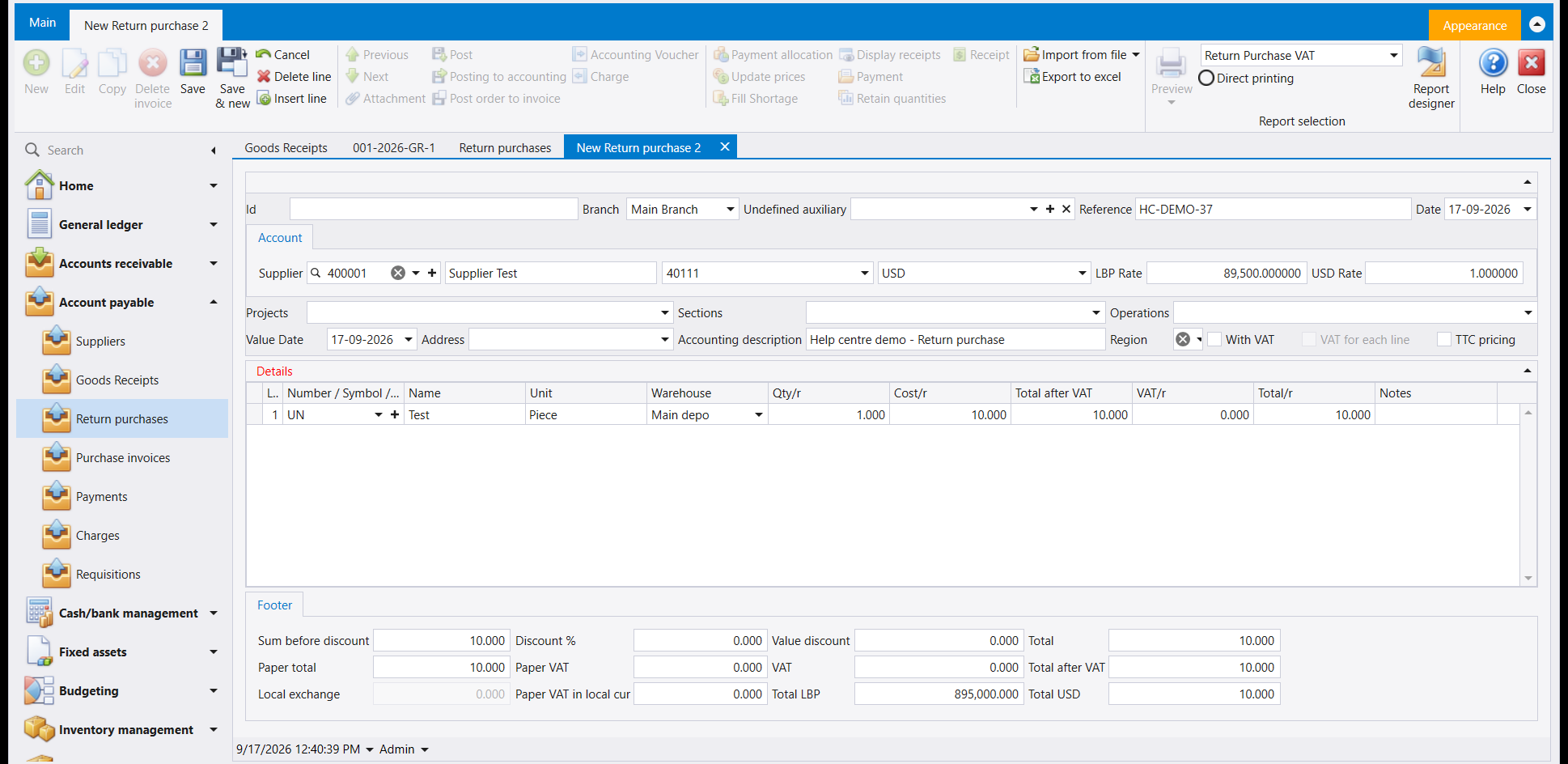 A Return purchases document filled in before saving, whose grid columns are captioned Qty/r and Cost/r; one line: item Test, unit Piece, warehouse Main depo, quantity 1.000, cost 10.000, and matching footer totals