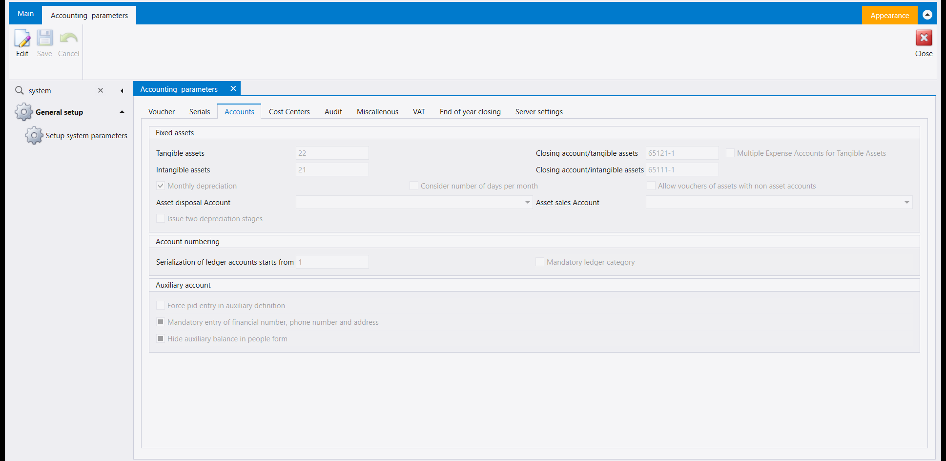 The Accounting parameters Accounts tab, showing Tangible assets and Intangible assets, their closing accounts, and Serialization of ledger accounts starts from 1