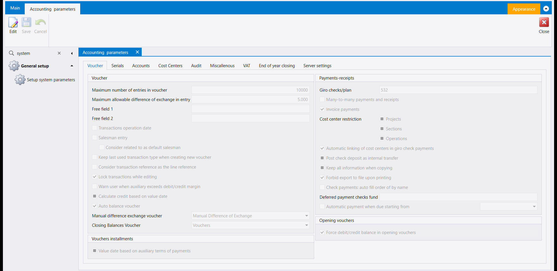 The Accounting parameters Voucher tab, showing Maximum number of entries in voucher, Maximum allowable difference of exchange in entry, Lock transactions while editing and Auto balance voucher ticked, and the Payments-receipts panel