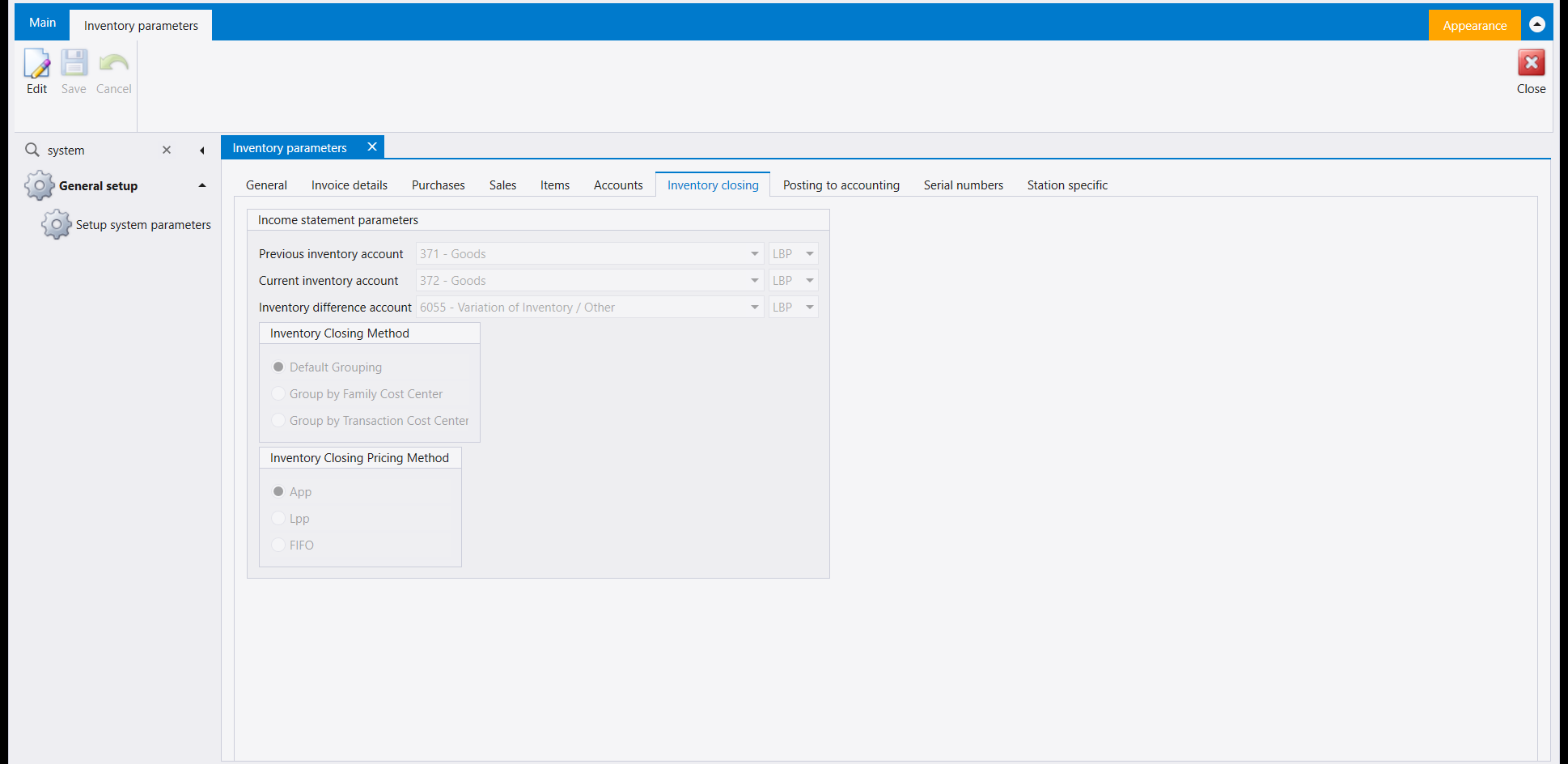 The Inventory parameters Inventory closing tab, showing the three inventory accounts and the Inventory Closing Method and Inventory Closing Pricing Method choices