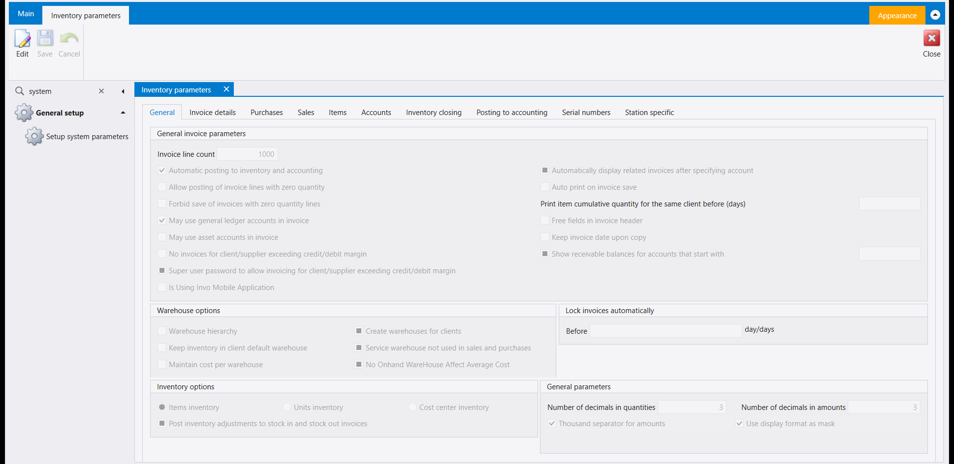 The Inventory parameters General tab, showing General invoice parameters with Automatic posting to inventory and accounting ticked, the Warehouse options and Inventory options panels, and Number of decimals in quantities set to 3