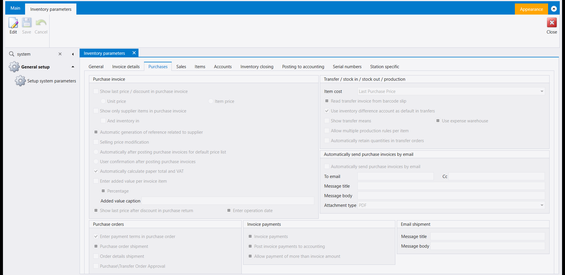 The Inventory parameters Purchases tab, showing the Transfer / stock in / stock out / production panel with Item cost set to Last Purchase Price and Use inventory difference account as default in tranfers ticked