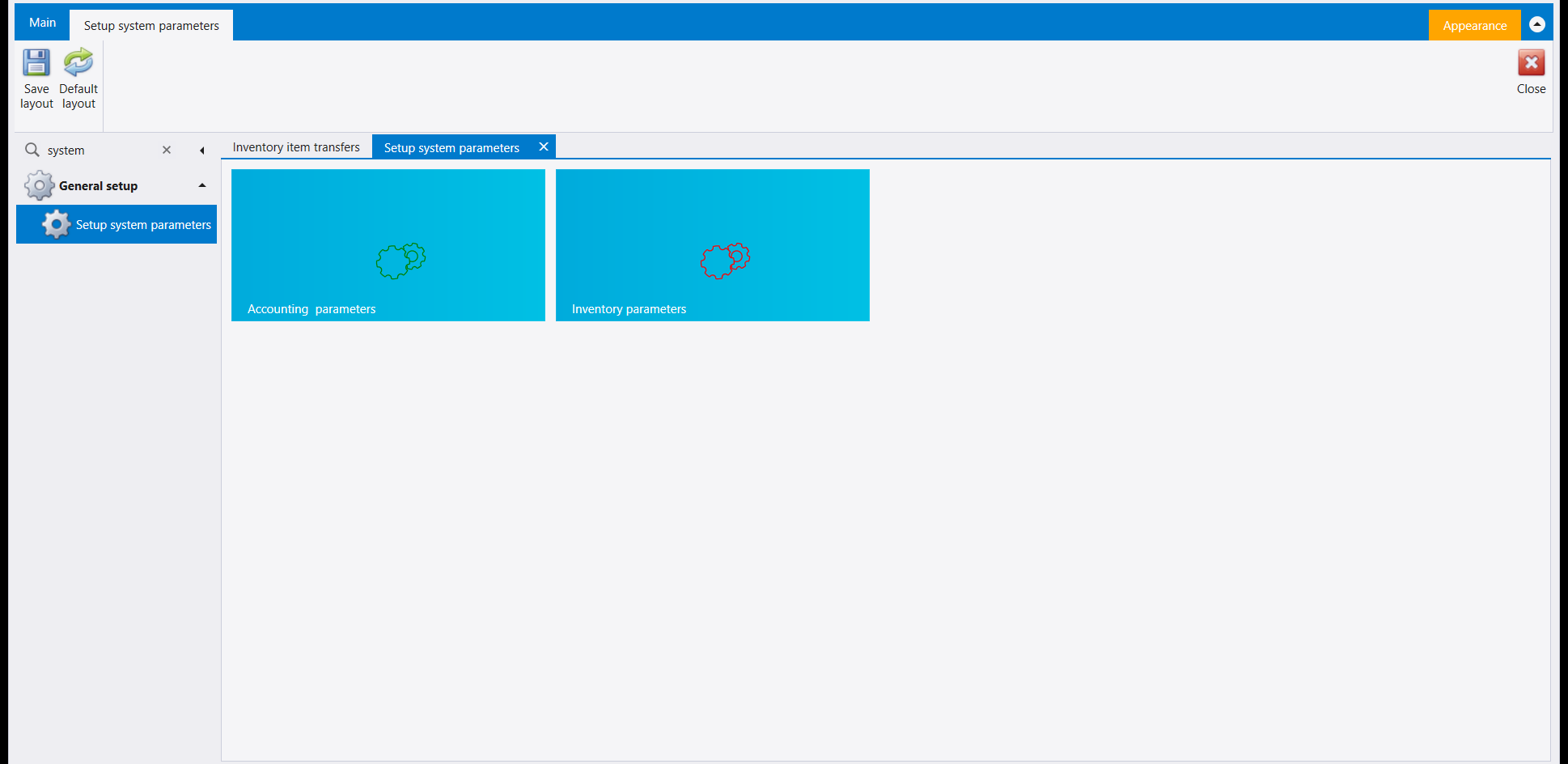 The Setup system parameters page, with two tiles: Accounting parameters and Inventory parameters
