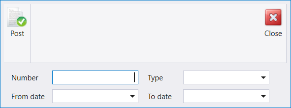 Post transactions: a small window with Number, Type, From date and To date, and a Post button
