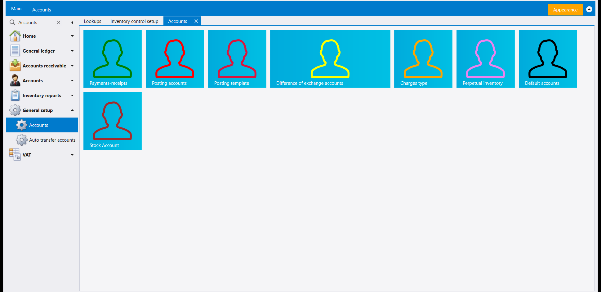 Accounts page with eight tiles: Payments-receipts, Posting accounts, Posting template, Difference of exchange accounts, Charges type, Perpetual inventory, Default accounts, and Stock Account