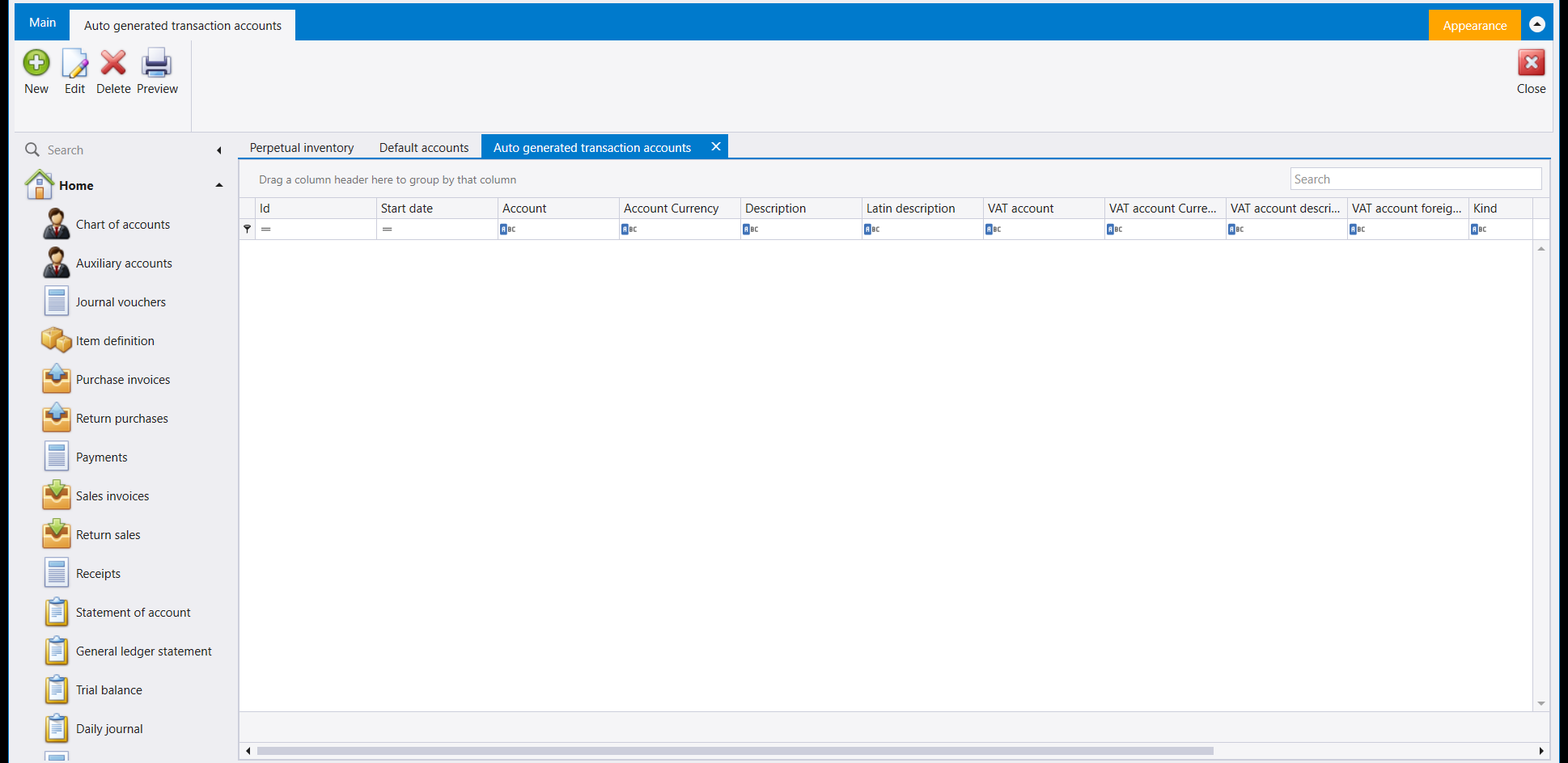 Auto generated transaction accounts: an empty grid with a full New, Edit, Delete, Preview ribbon