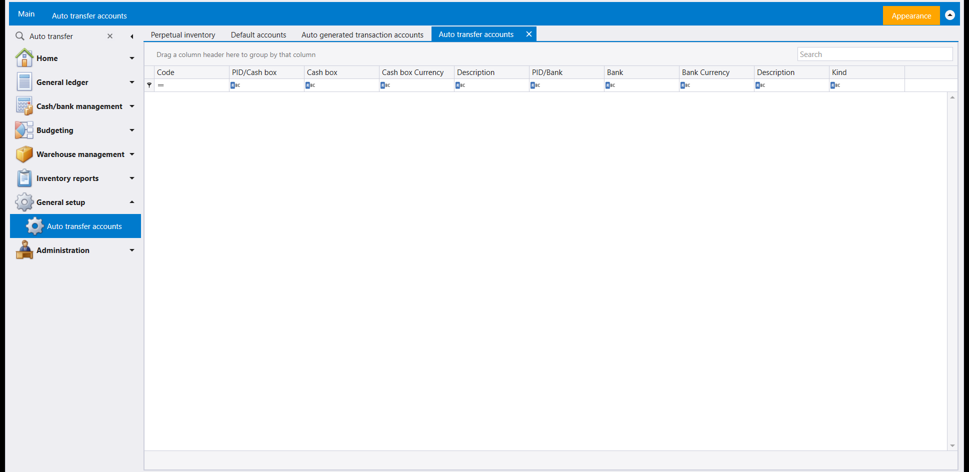 Auto transfer accounts: an empty list of PID/Cash box, Cash box, PID/Bank, Bank and Kind columns
