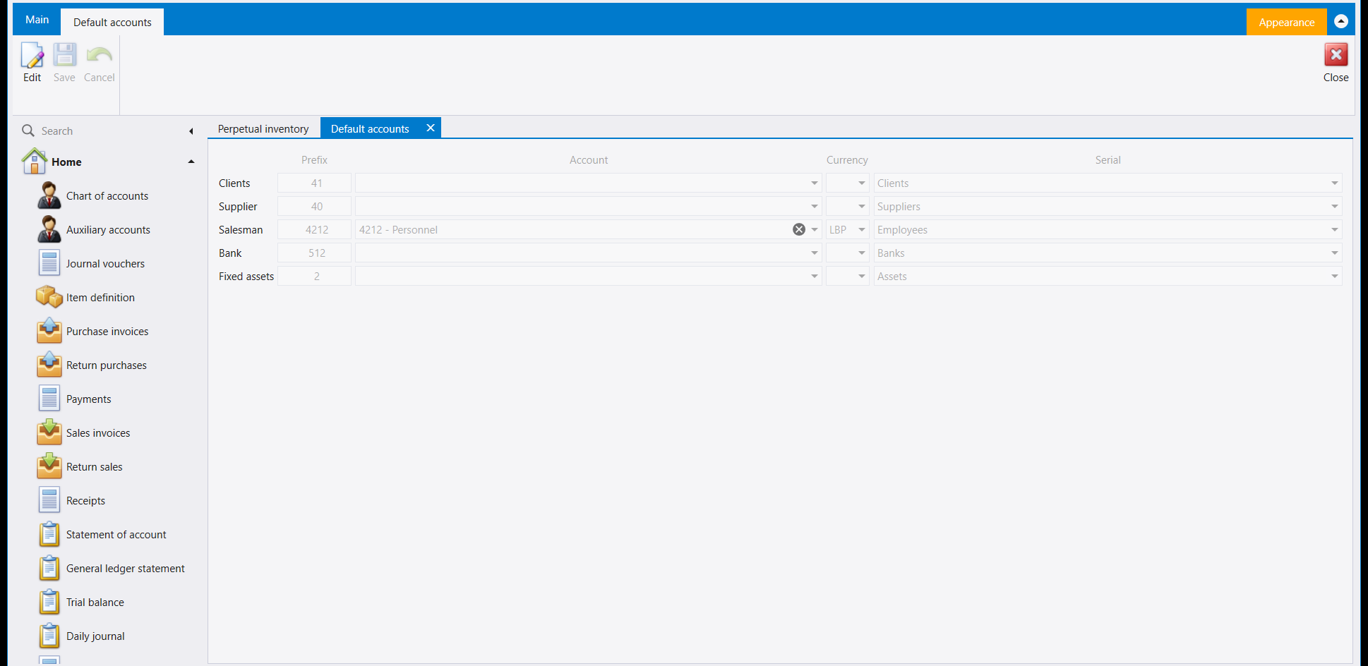 Default accounts: Prefix, Account, Currency and Serial columns for Clients (41), Supplier (40), Salesman (4212, filled), Bank (512) and Fixed assets (2)