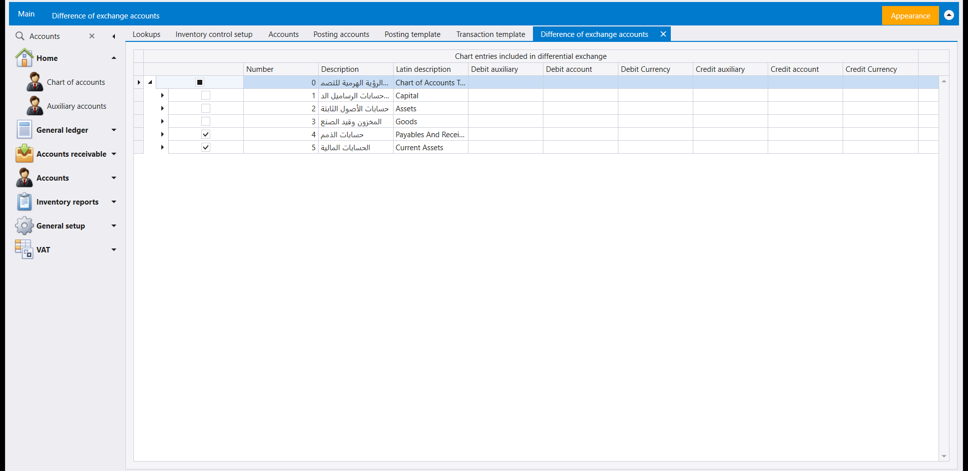 Difference of exchange accounts: a chart-of-accounts tree with Payables And Receivables and Current Assets ticked