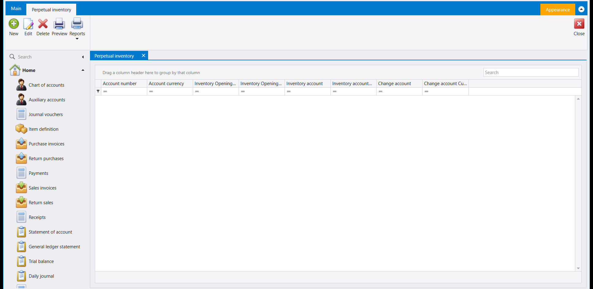 Perpetual inventory: an empty Account number, Account currency, Inventory Opening, Inventory account and Change account grid