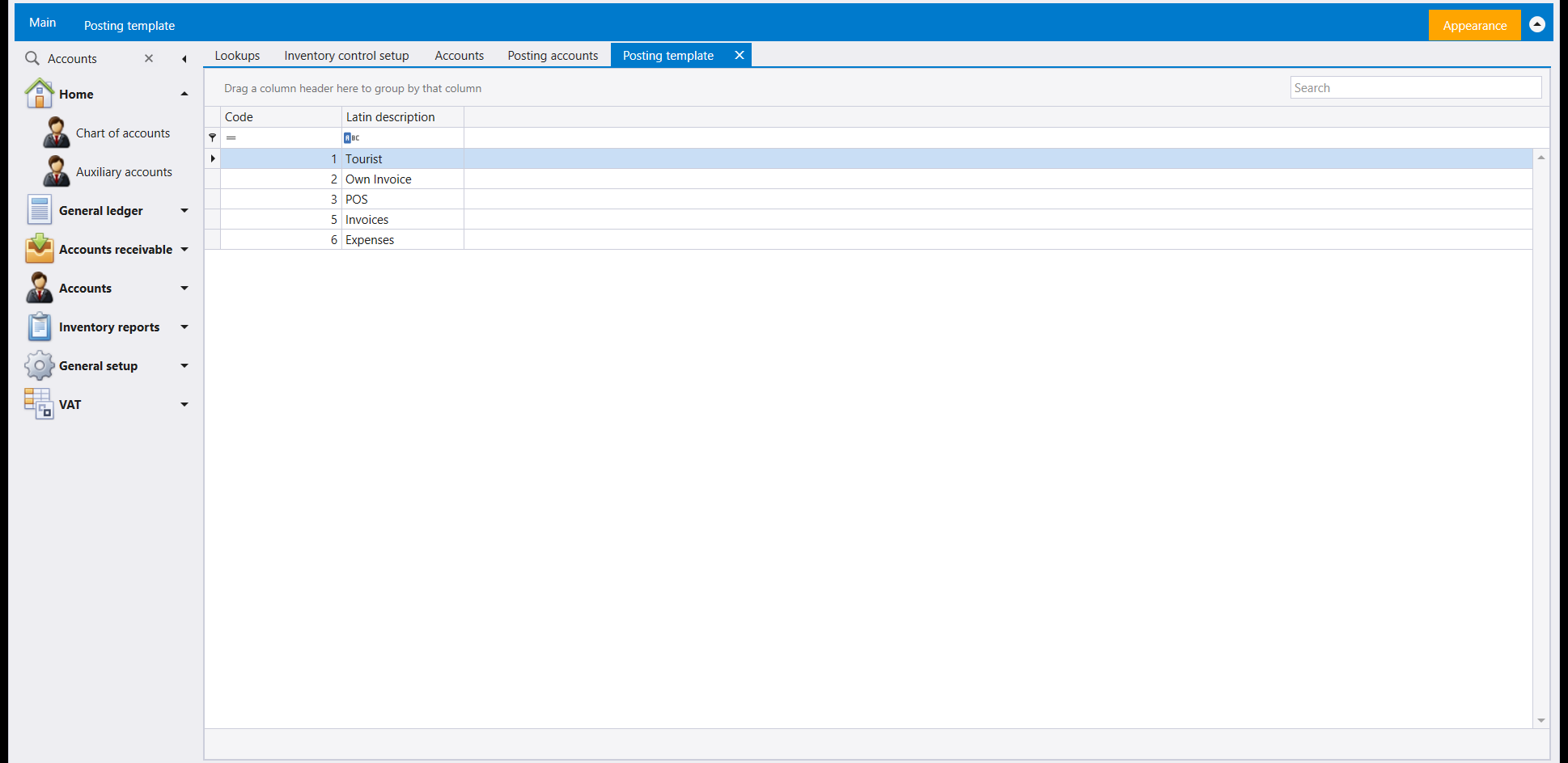 Posting template: a Code and Latin description list with five existing rows