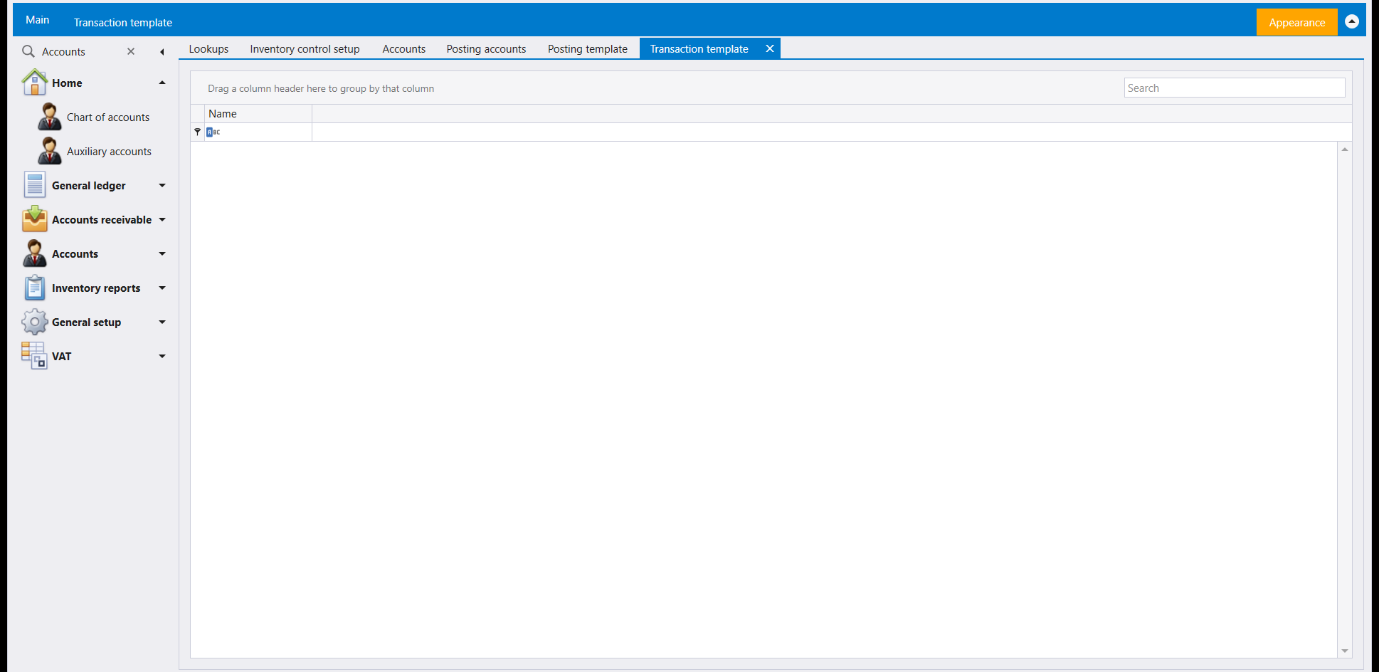 Transaction template: an empty list with one Name column