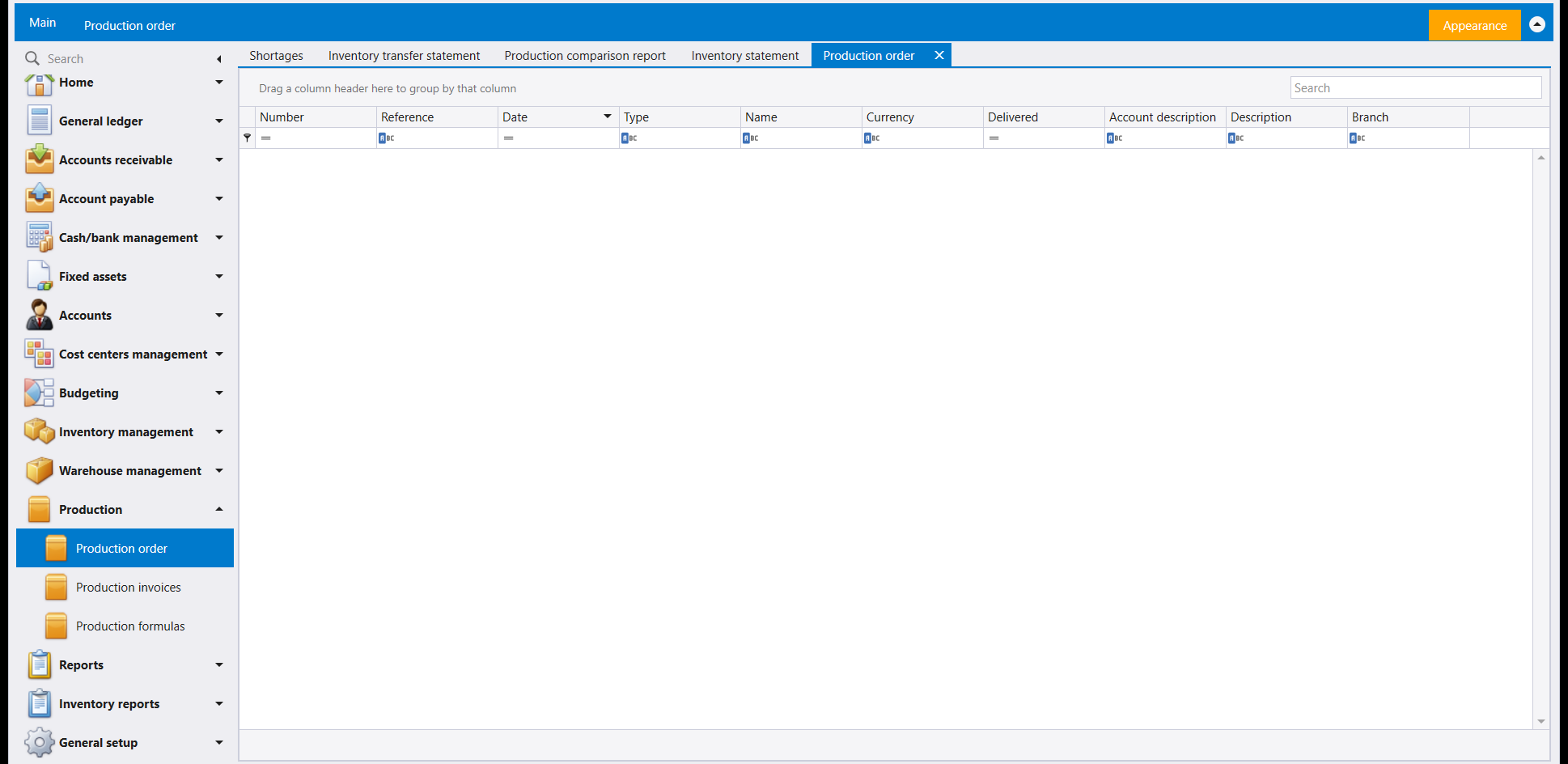 The Production order list screen: an empty grid with column headers Number, Reference, Date, Type, Name, Currency, Delivered, Account description, Description and Branch, listed under the Production group above Production invoices and Production formulas