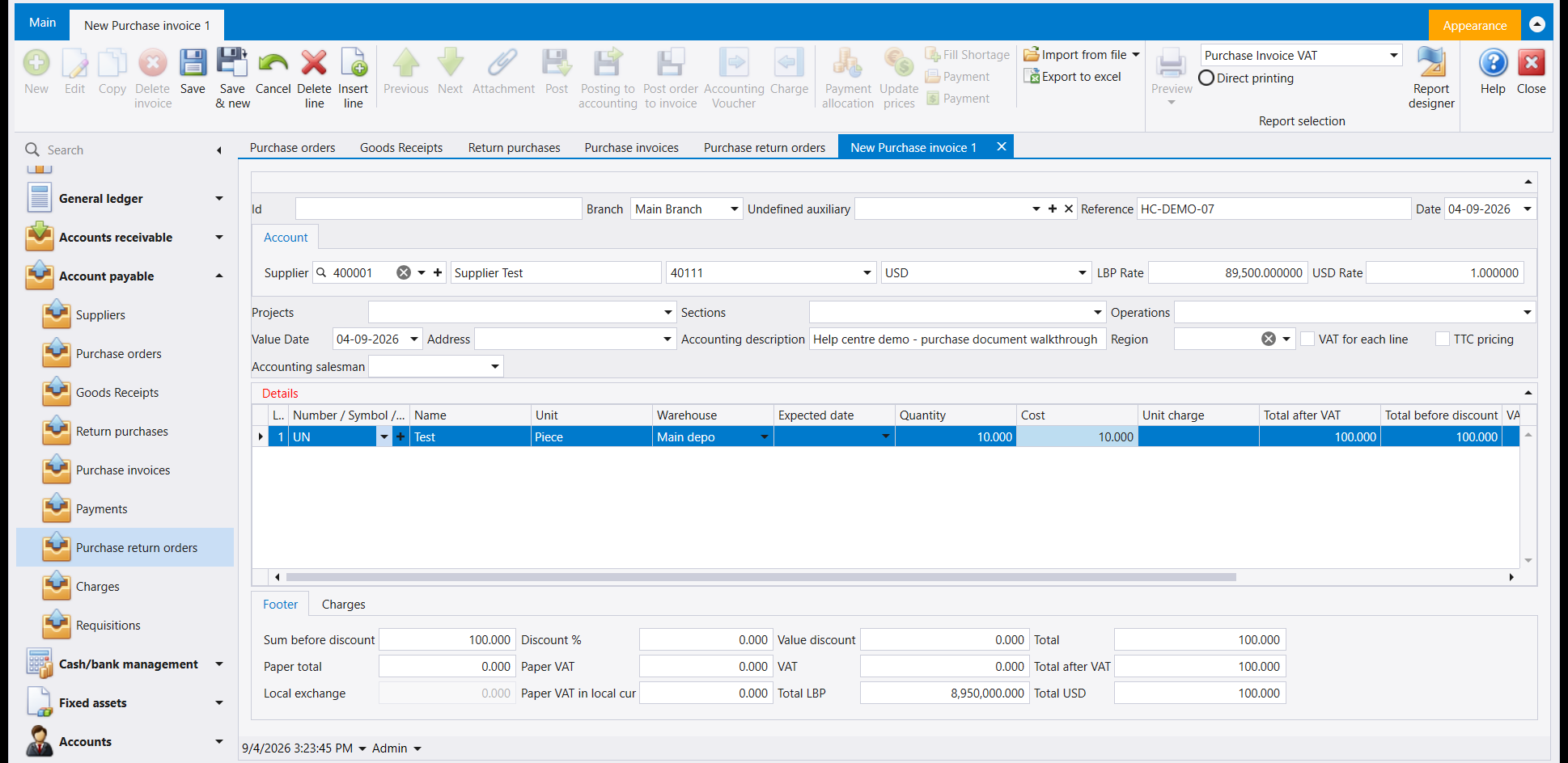 The purchase invoice with one line: item Test, unit Piece, warehouse Main depo, quantity 10.000 at cost 10.000, giving 100.000 before discount and after VAT, and a footer reading Sum before discount 100.000, Total 100.000, Paper total 100.000, Total LBP 8,950,000.000 and Total USD 100.000