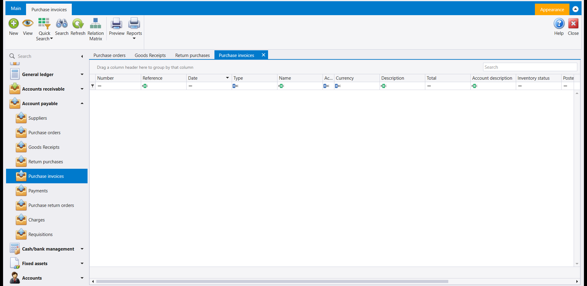 The Purchase invoices list, empty, with a ribbon carrying New, View, Quick Search, Search, Refresh, Relation Matrix, Preview and Reports, and columns Number, Reference, Date, Type, Name, Currency, Description, Total, Account description and Inventory status