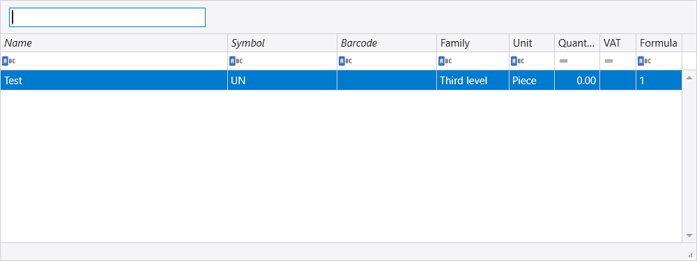 The item lookup opened from the line, listing one item named Test with symbol UN, family Third level, unit Piece and a quantity of 0.00