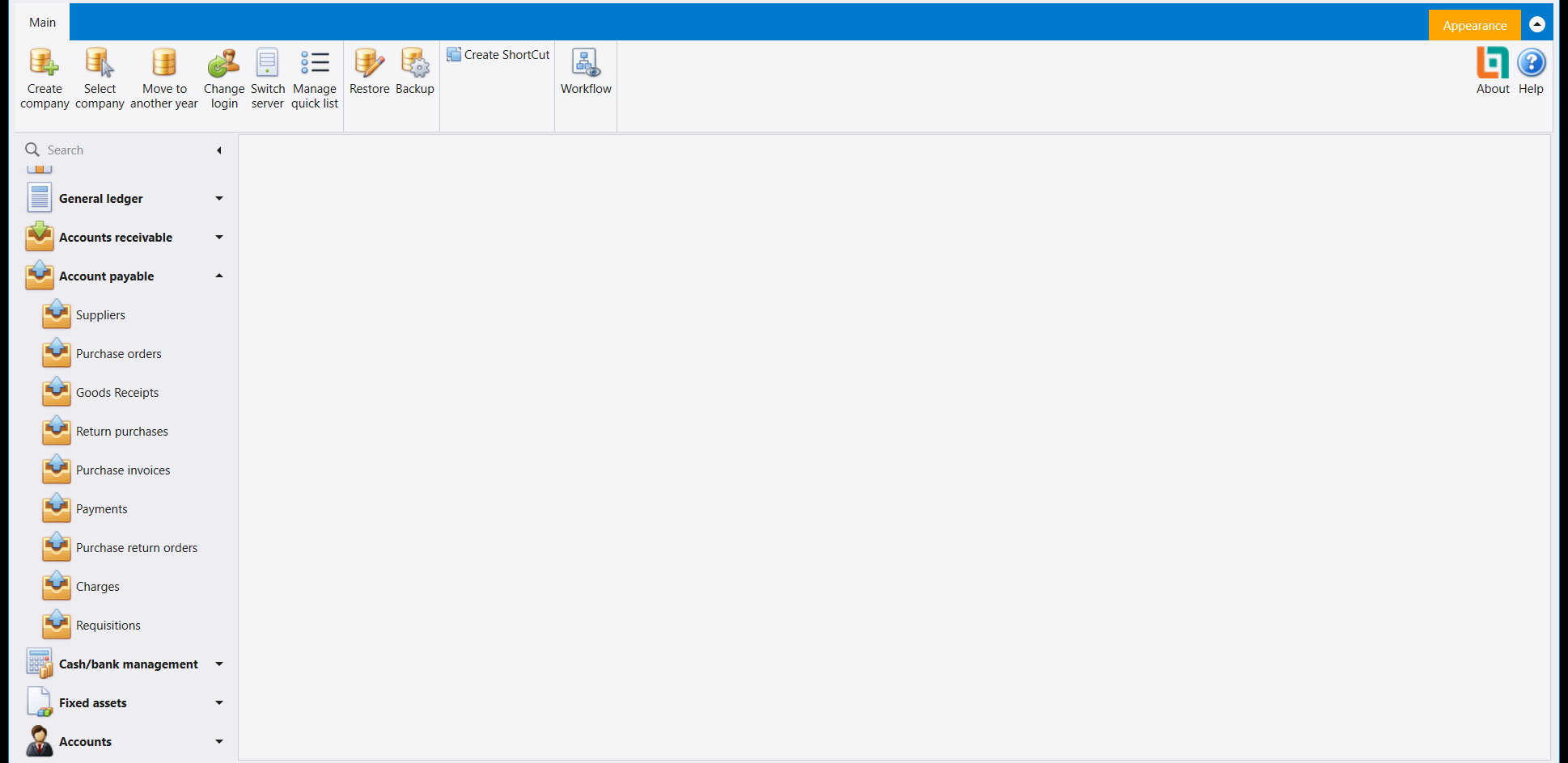 The Account payable group open in the navbar, listing Suppliers, Purchase orders, Goods Receipts, Return purchases, Purchase invoices, Payments, Purchase return orders, Charges and Requisitions