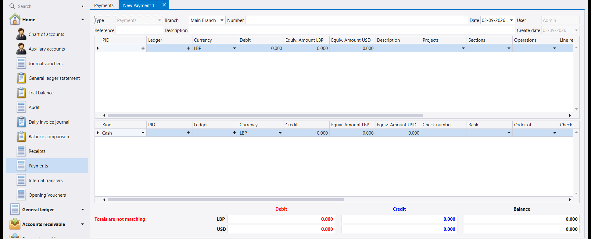 A new payment. The top grid is the account being paid and carries Debit; the bottom grid carries Kind and Credit