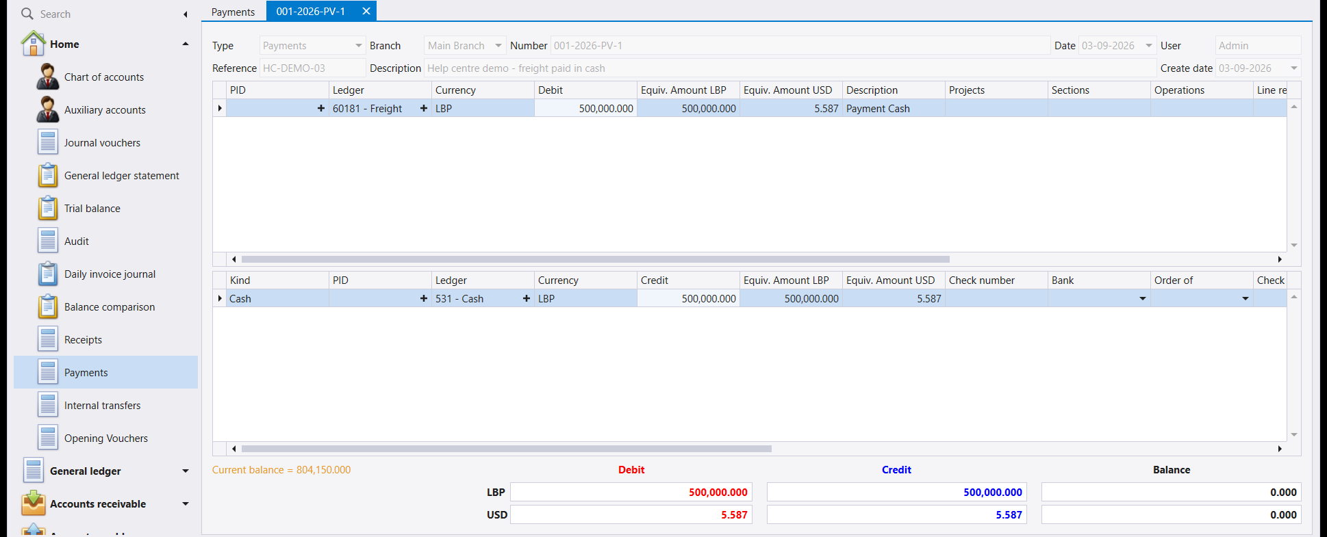 A saved payment. The number reads 001-2026-PV-1 and the Description on the money line filled itself in