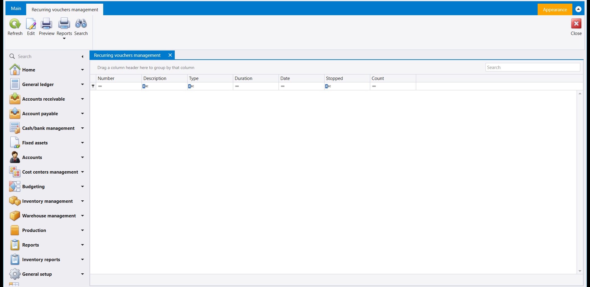 The Recurring vouchers management list, empty, with a ribbon carrying Refresh, Edit, Preview, Reports, Search and Close, and columns Number, Description, Type, Duration, Date, Stopped and Count