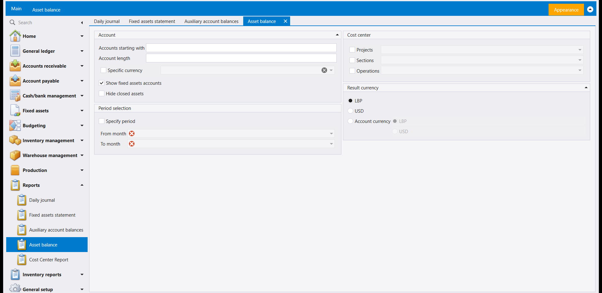 The Asset balance screen: an Account panel with Accounts starting with and Account length boxes, a Specific currency option, a ticked Show fixed assets accounts and an unticked Hide closed assets; a Period selection panel with Specify period and From month and To month selectors each marked with a red clear icon; a Cost center panel with Projects, Sections and Operations; and a Result currency choice of LBP, USD or Account currency with LBP selected