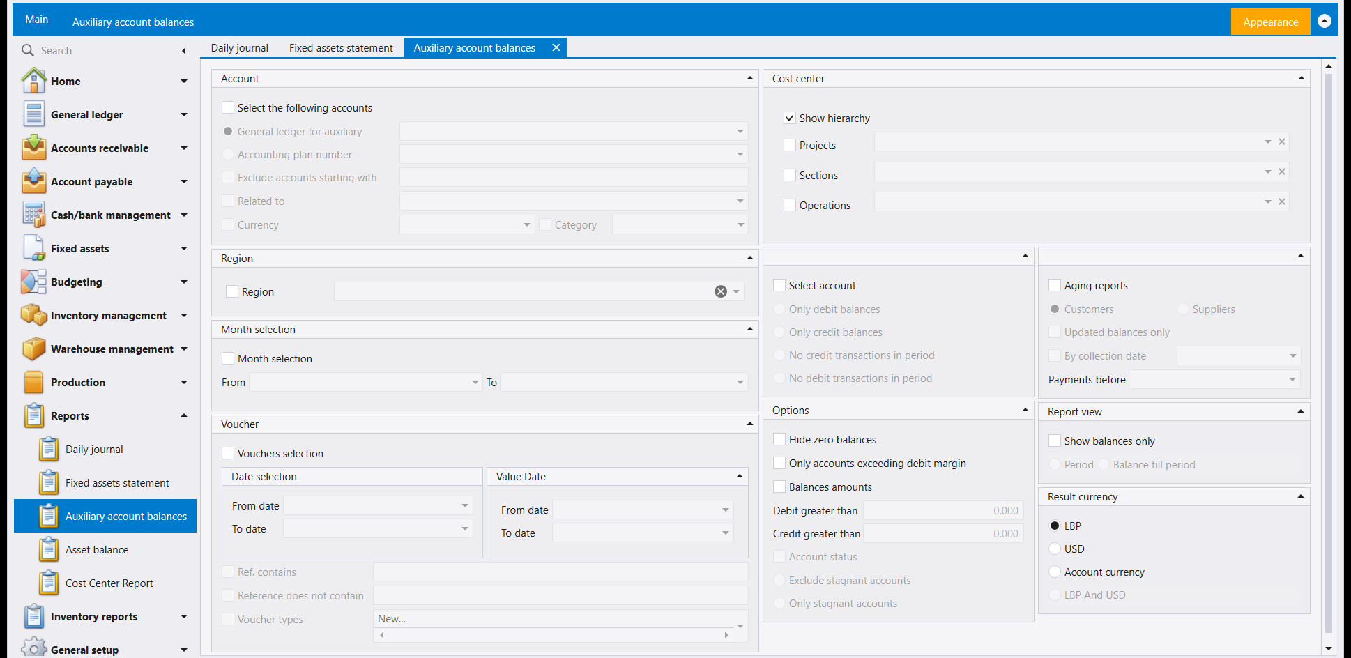 The Auxiliary account balances screen: an Account panel headed by an unticked Select the following accounts, with General ledger for auxiliary, Accounting plan number, Exclude accounts starting with, Related to, Currency and Category all greyed beneath it; Region and Month selection panels; a Voucher panel with Vouchers selection, Date selection, Value Date and reference boxes; a Cost center panel with Show hierarchy ticked; a Select account panel offering Only debit balances, Only credit balances, No credit transactions in period and No debit transactions in period; an Options panel with Hide zero balances, Only accounts exceeding debit margin, Balances amounts, Debit greater than and Credit greater than boxes both 0.000, and Exclude stagnant accounts and Only stagnant accounts; an Aging reports panel with Customers and Suppliers, Updated balances only, By collection date and Payments before; a Report view with Show balances only; and a Result currency of LBP
