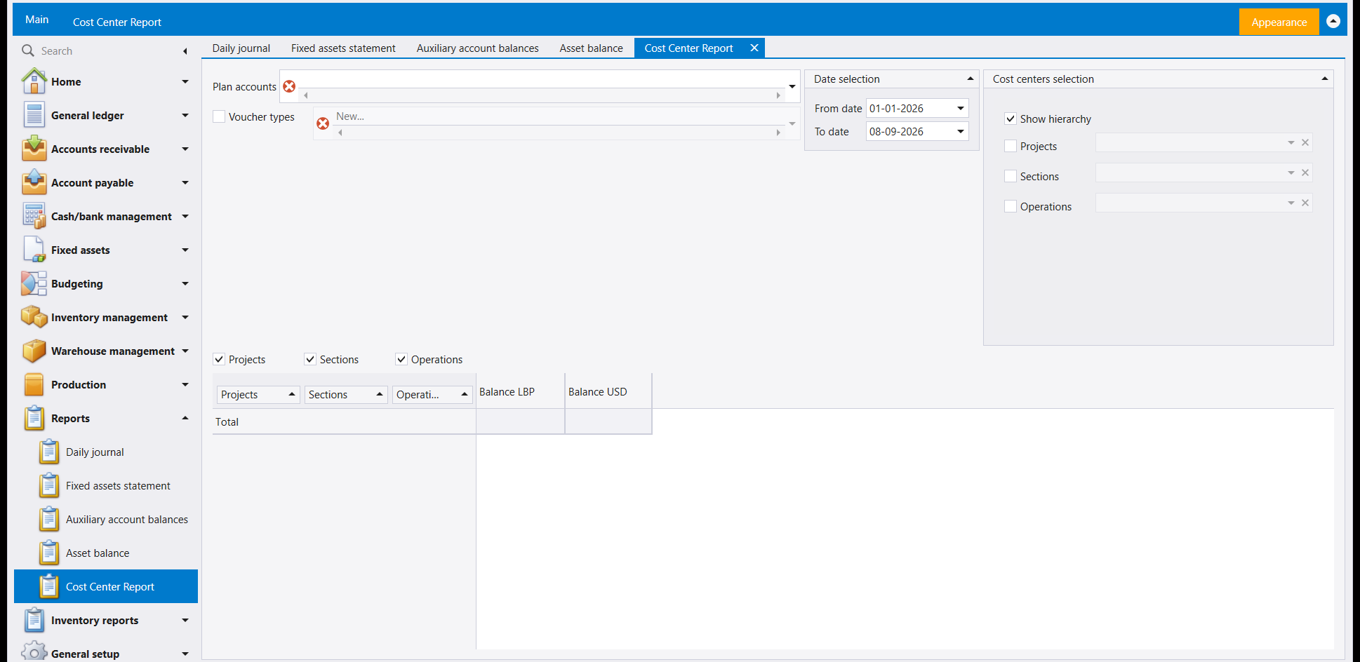 The Cost Center Report screen: a Plan accounts selector and a Voucher types selector at the top, both marked with a red clear icon; a Date selection panel with From date 01-01-2026 and To date 08-09-2026; a Cost centers selection panel with Show hierarchy ticked and Projects, Sections and Operations selectors; three ticked checkboxes for Projects, Sections and Operations; and a results grid with columns Projects, Sections, Operations, Balance LBP and Balance USD, and a Total row