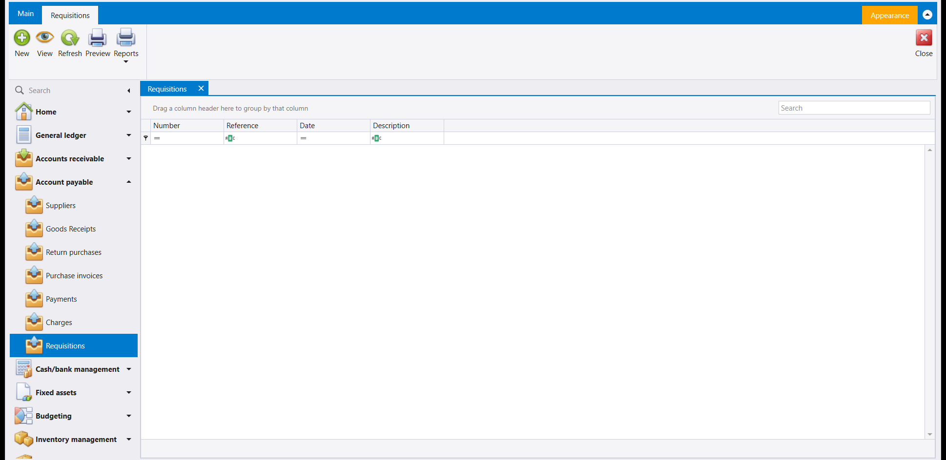 The Requisitions screen: a ribbon with New, View, Refresh, Preview and Reports, above an empty grid with just four columns - Number, Reference, Date and Description