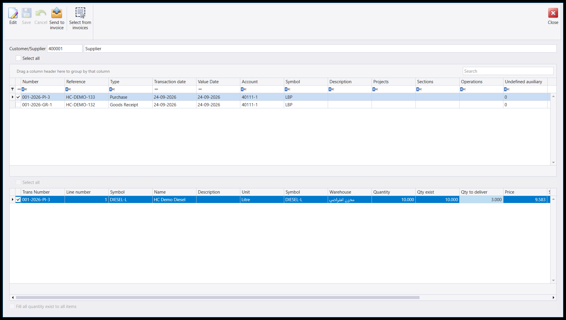 The Client orders window after Save: invoice 001-2026-PI-3 ticked above, and below it one ticked line - HC Demo Diesel, Litre, Quantity 10.000, Qty exist 10.000, Qty to deliver 3.000, Price 9.583 - with Send to invoice now enabled