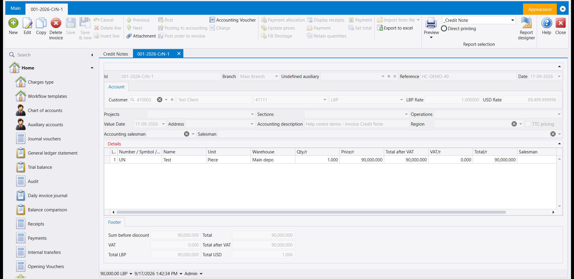 A saved Invoice Credit Note with one line: item Test, unit Piece, warehouse Main depo, quantity 1.000, price 90,000.000, and matching footer totals