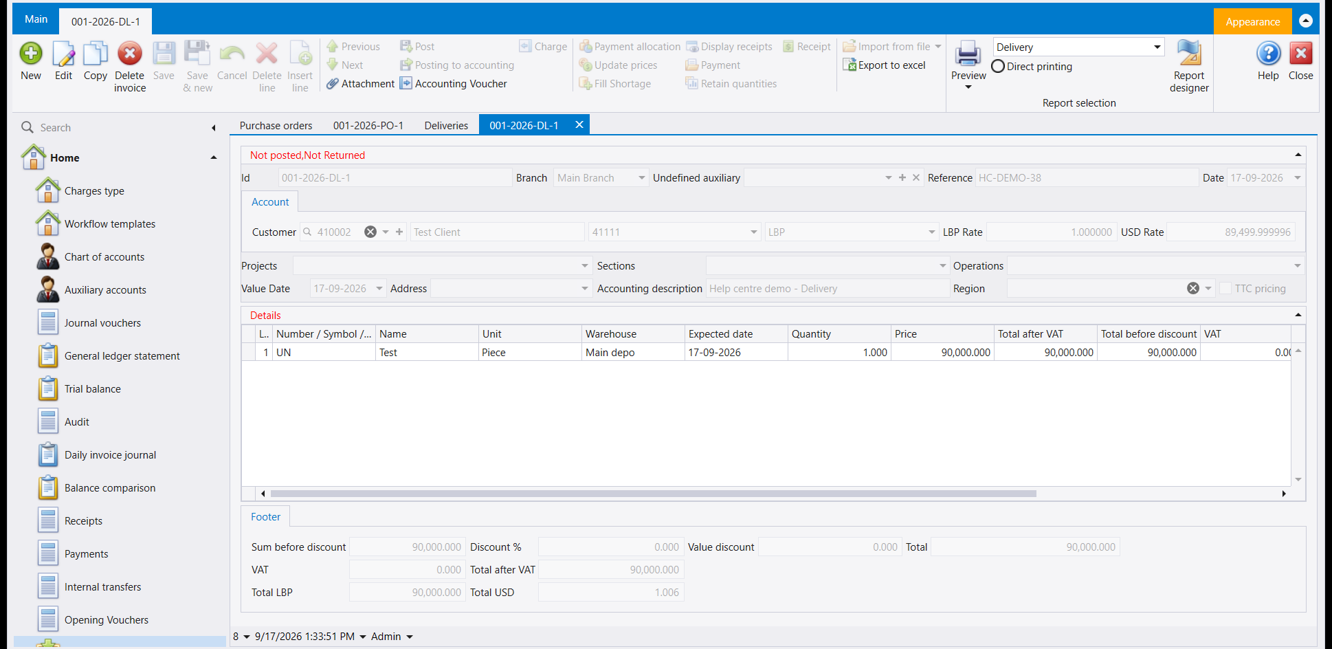 A saved delivery document with one line: item Test, unit Piece, warehouse Main depo, quantity 1.000, price 90,000.000, and matching footer totals; two red words above the header read Not posted and Not Returned
