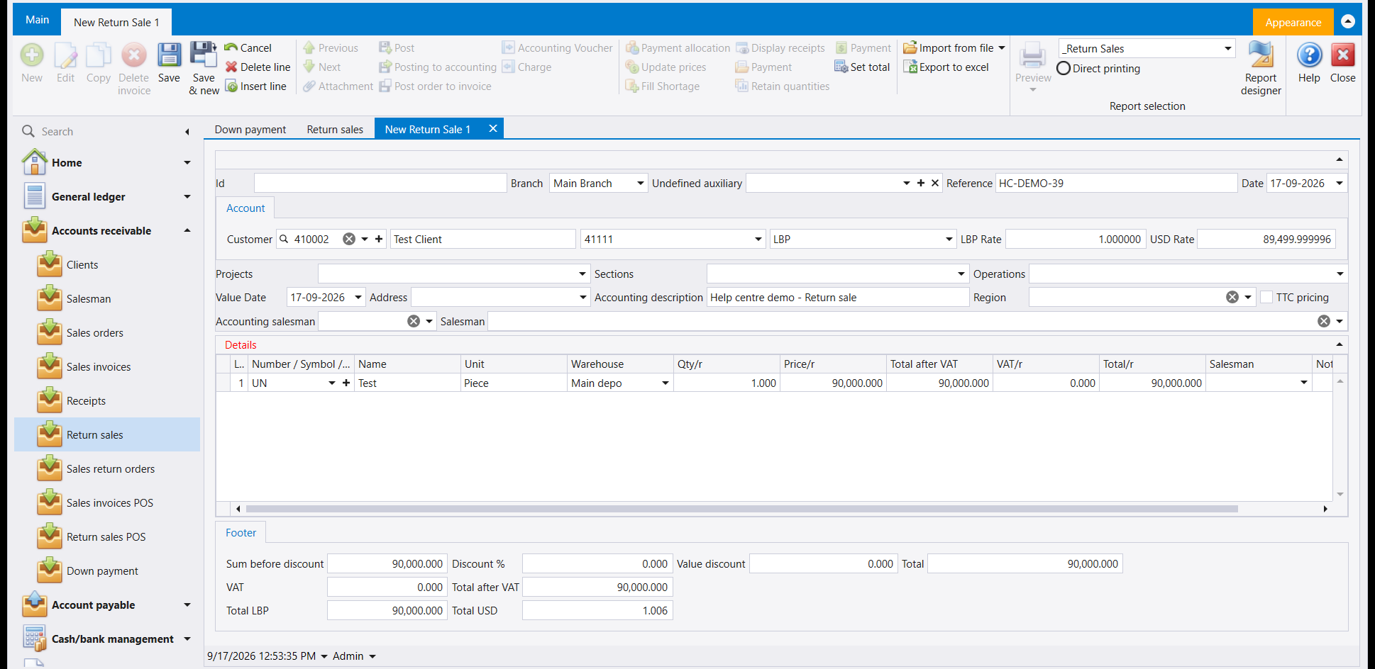 A Return sales document filled in before saving, with one line: item Test, unit Piece, warehouse Main depo, quantity 1.000, price 90,000.000, and a footer reading Sum before discount 90,000.000, Total 90,000.000, Total LBP 90,000.000 and Total USD 1.006