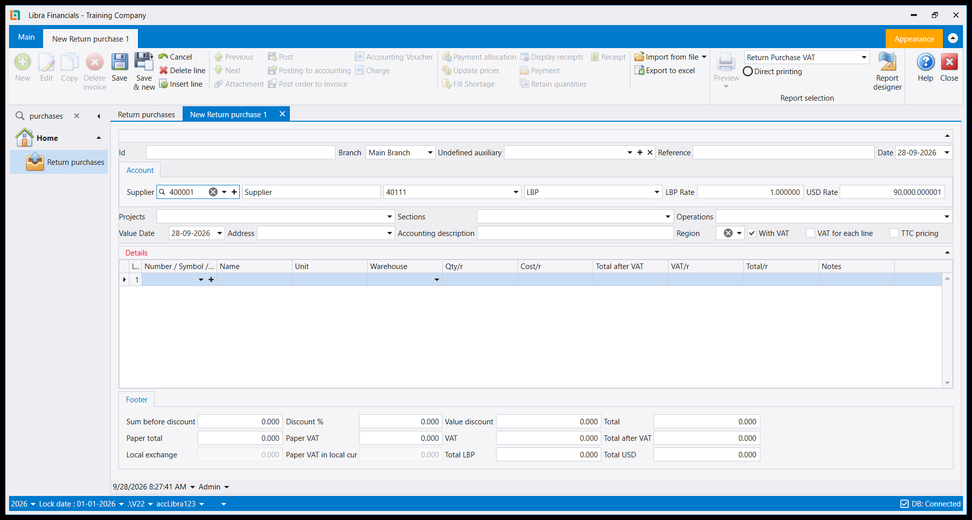 A new Return purchase with supplier 400001 chosen: name Supplier, account 40111, currency LBP, and an empty Details grid whose columns read Qty/r and Cost/r