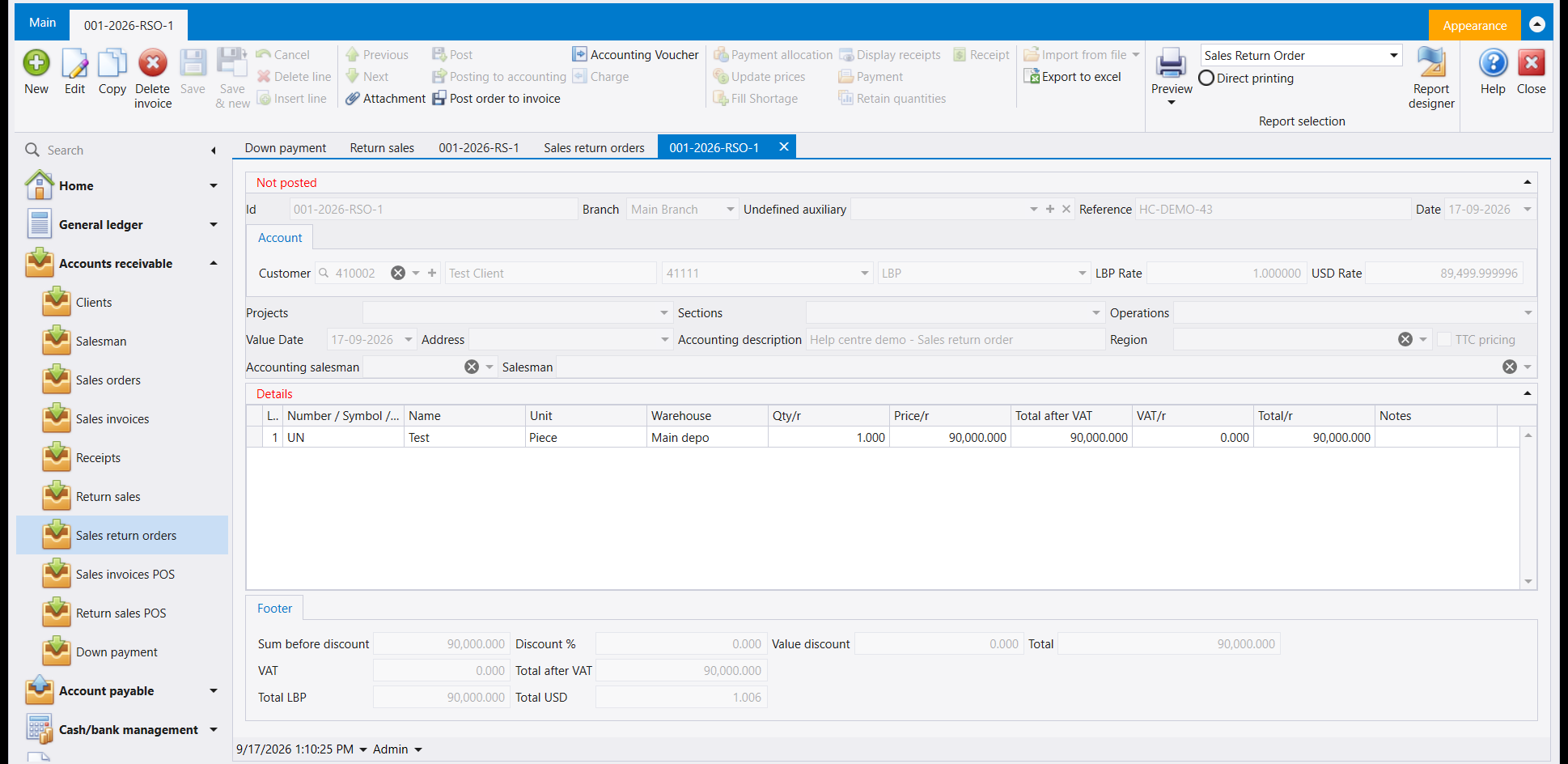 A saved Sales return order with the same one-line shape as the Return sales document above, and a red word above the header reading Not posted