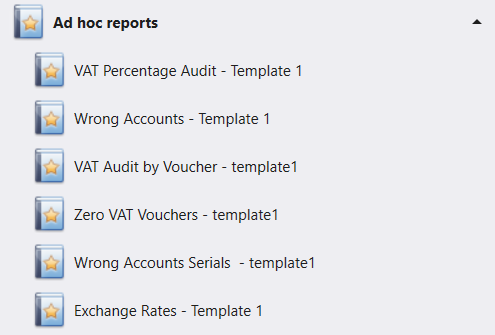 The Ad hoc reports group in the navigation pane, open, with six entries: VAT Percentage Audit - Template 1, Wrong Accounts - Template 1, VAT Audit by Voucher - template1, Zero VAT Vouchers - template1, Wrong Accounts Serials - template1 and Exchange Rates - Template 1