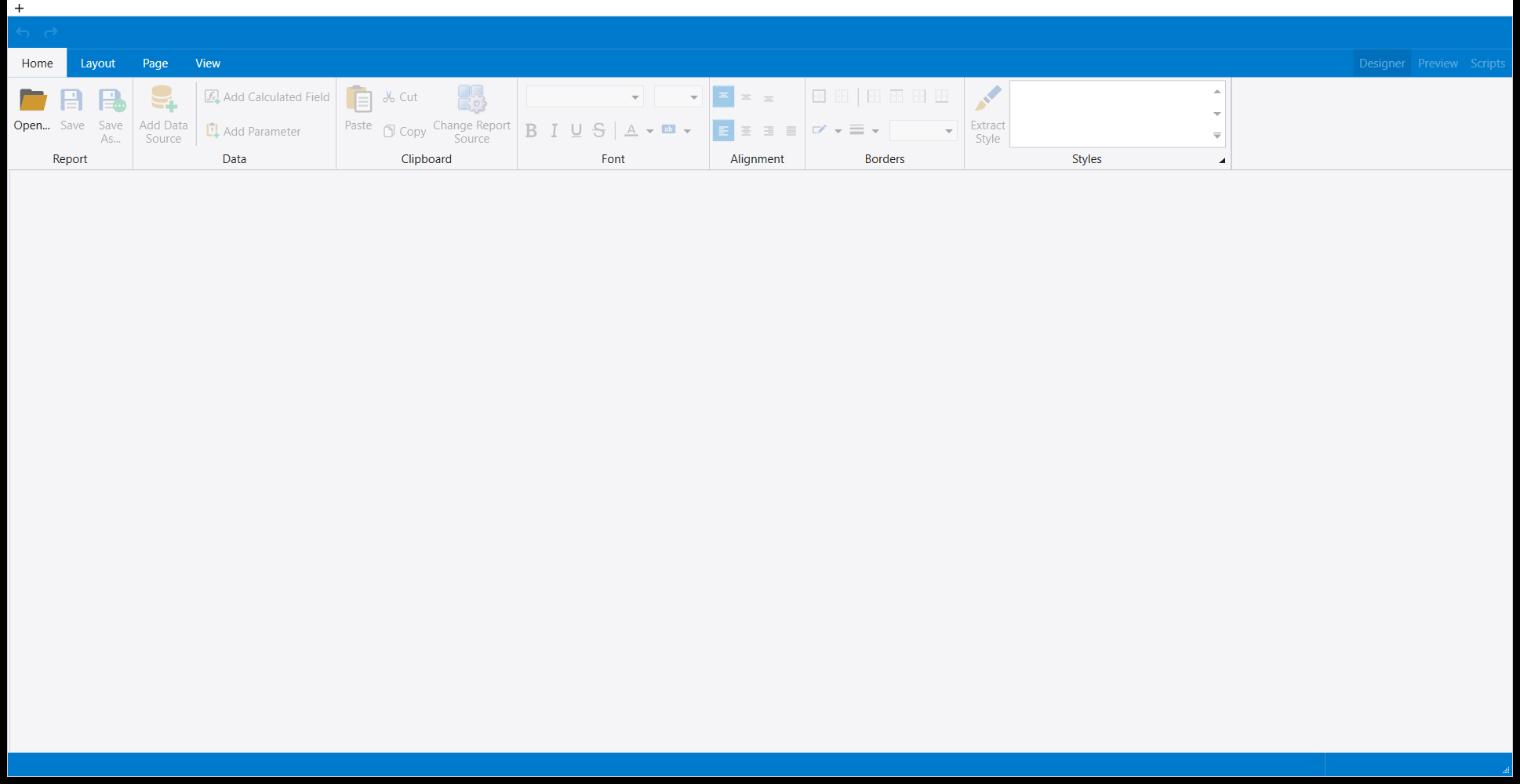The Report designer opened from Administration: an empty surface, Open enabled in the Report group, Save and Save As greyed, Add Data Source, Add Calculated Field, Add Parameter and Change Report Source greyed, and Designer, Preview and Scripts greyed at the right