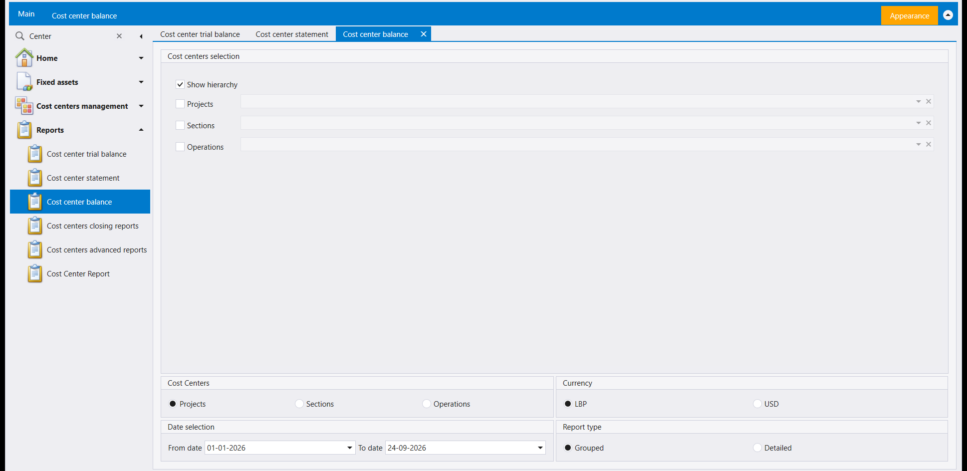 The Cost center balance criteria screen: a Cost centers selection panel with Show hierarchy ticked and a box for each level, and below it Cost Centers with a choice of level, Currency with LBP and USD, Date selection from 01-01-2026 to 24-09-2026, and Report type with Grouped selected and Detailed
