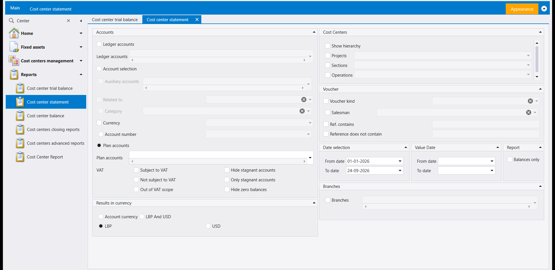 The Cost center statement criteria screen: an Accounts panel with Ledger accounts, Account selection, Currency, Account number and Plan accounts selected, and VAT choices Subject to VAT, Not subject to VAT and Out of VAT scope; a Cost Centers panel with Show hierarchy and the three levels; a Voucher panel with Voucher kind, Salesman, Ref. contains and Reference does not contain; Date selection, Value Date, Report with Balances only, Branches, and Results in currency set to LBP