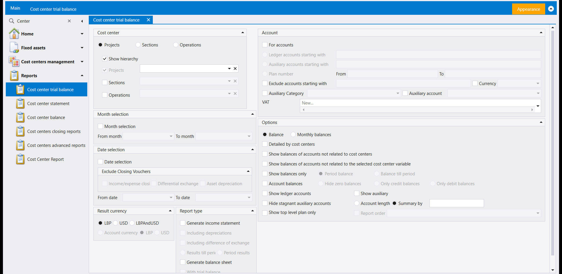 The Cost center trial balance criteria screen: a Cost center panel with a choice of level, Show hierarchy ticked and a box for each level; Month selection; Date selection with an Exclude Closing Vouchers group; Result currency with LBP, USD and LBPAndUSD; Report type with Generate income statement and Generate balance sheet; an Account panel with For accounts, Exclude accounts starting with, Currency, Auxiliary Category, Auxiliary account and VAT; and a long Options panel starting with Balance and Monthly balances