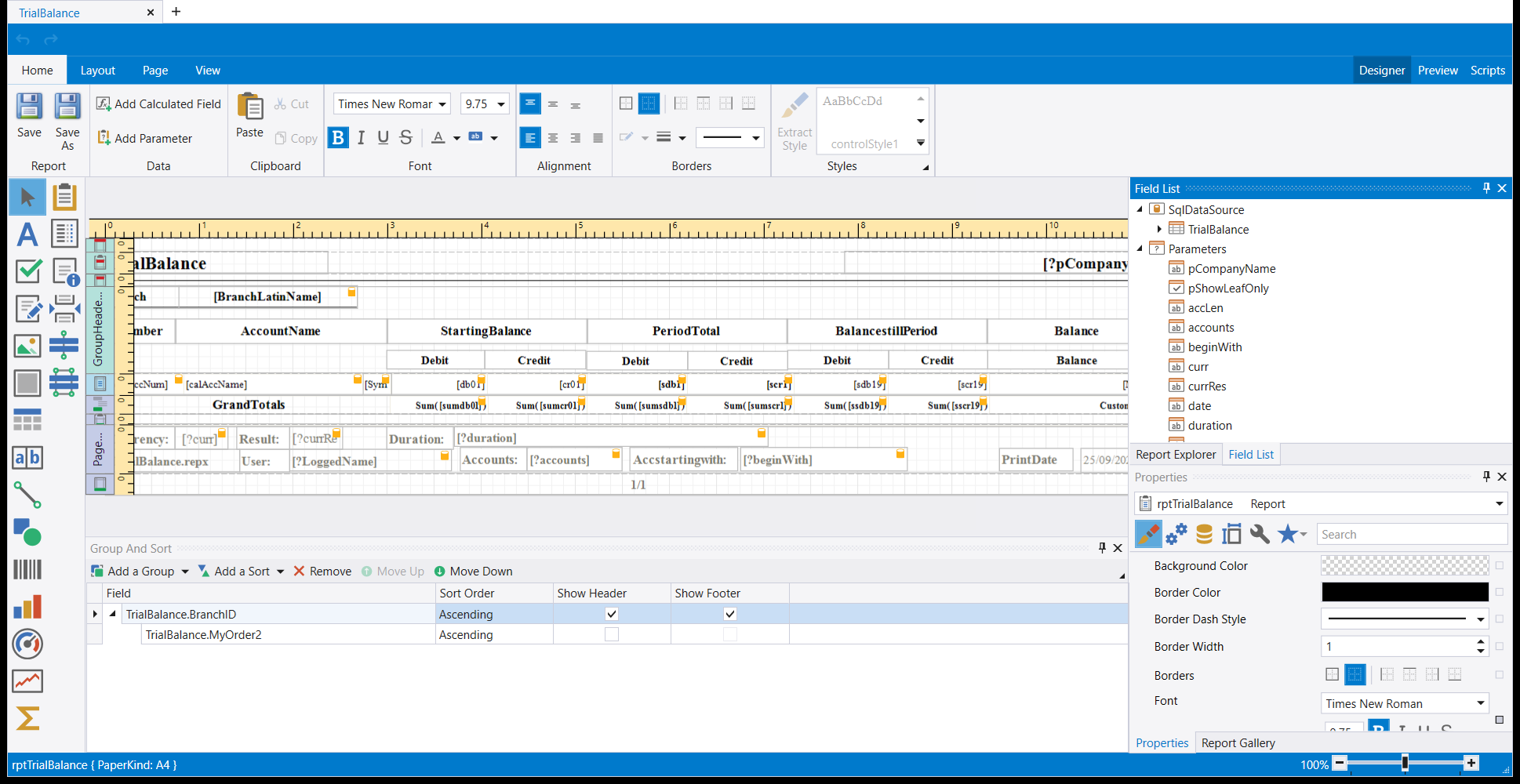 The same designer with the Field List tab open at the right: the report data source and its table, then Parameters listing the values the report is run with